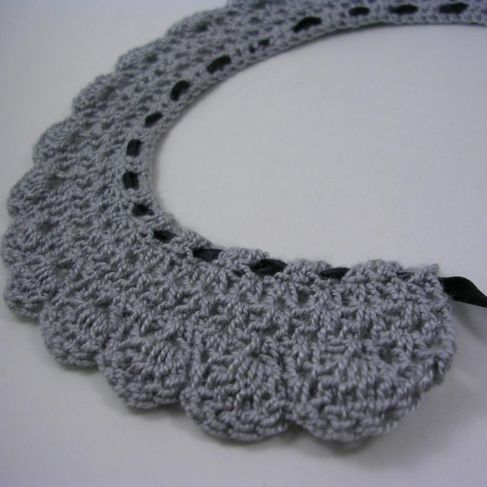Lacy Crocheted Collar In Grey With Black Ribbon
